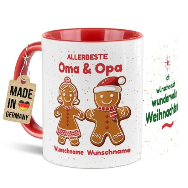 Die lustige Weihnachtstasse für Großeltern mit Lebkuchenmann und Lebkuchenfrau kann mit den Namen der Großeltern bedruckt werden und ist ein tolles...