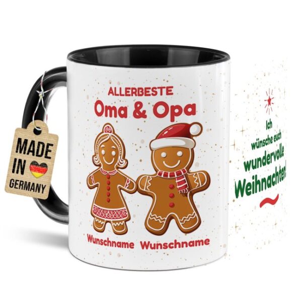 Die lustige Weihnachtstasse für Großeltern mit Lebkuchenmann und Lebkuchenfrau kann den Namen von Oma und Opa bedruckt werden und ist ein tolles...