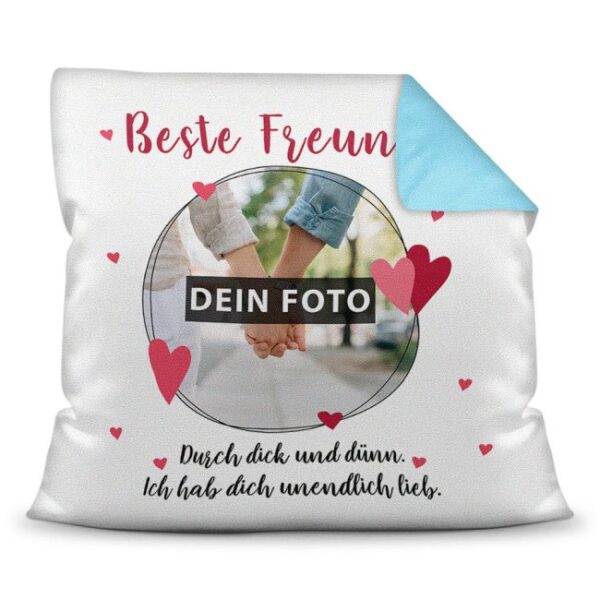 Gestalte hier ein persönliches Fotokissen für die beste Freundin der Welt. Im gängigen 40 x 40 cm Format als Kuschelkissen