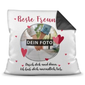 Gestalte hier ein persönliches Fotokissen für die beste Freundin der Welt. Im gängigen 40 x 40 cm Format als Kuschelkissen