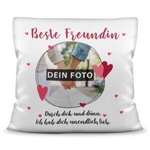 Gestalte hier ein persönliches Fotokissen für die beste Freundin der Welt. Im gängigen 40 x 40 cm Format als Kuschelkissen