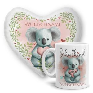 Unsere Kombination aus dem Fotokissen in Herzform und der Kindertasse aus Keramik mit süßem Tiermotiv -Koala- ist die perfekte Geschenkidee für...