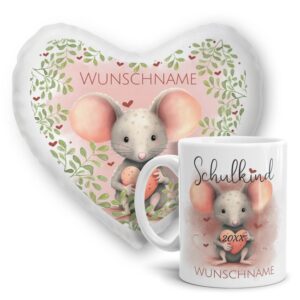 Unsere Kombination aus dem Fotokissen in Herzform und der Kindertasse aus Keramik mit süßem Tiermotiv -Maus- ist die perfekte Geschenkidee für alle...