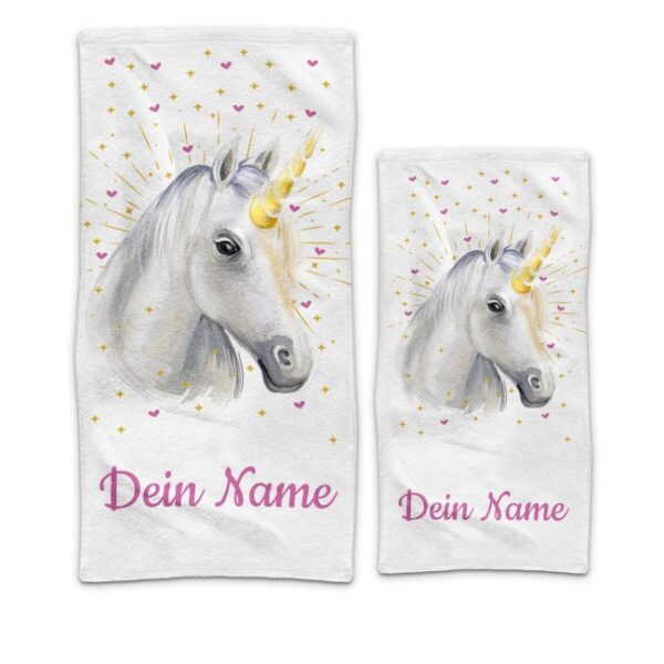 Liebevoll gestaltetes Einhorn Handtuch mit Name für Kinder. Du kannst zwischen 2 Größen wählen. Verschenke dieses süße Handtuch als Geschenk für...