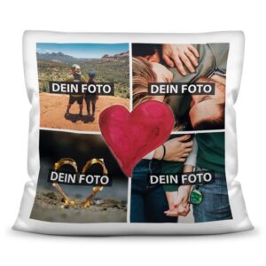 Dieses Kissen mit Fotocollage und Herz in der Mitte kannst Du mit Deinen vier Lieblingsfotos selbst gestalten. Kreiere eine besondere Deko für Dein...