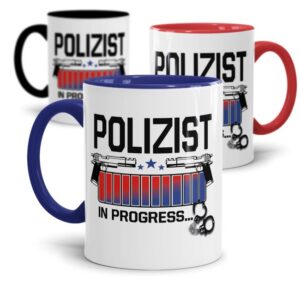 Polizei Tasse bedruckt mit lustigem Spruch - Polizist in Progress - das besondere Geschenk für eine Polizistin oder einen Polizist im...