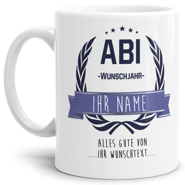 Tasse aus hochwertiger Keramik als Geschenk zum Schulabschluss für alle Abiturienten - ABI geschafft - personalisierbar mit der Jahreszahl und dem...