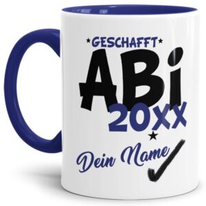 Tasse aus hochwertiger Keramik als Geschenk zum Schulabschluss für alle Abiturienten - ABI geschafft - personalisierbar mit der Jahreszahl und dem...