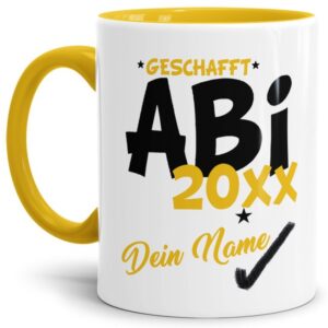 Tasse aus hochwertiger Keramik als Geschenk zum Schulabschluss für alle Abiturienten - ABI geschafft - personalisierbar mit der Jahreszahl und dem...