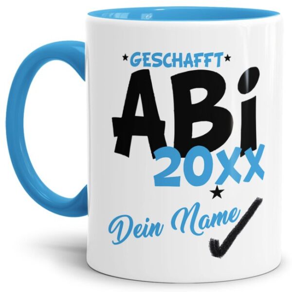 Tasse aus hochwertiger Keramik als Geschenk zum Schulabschluss für alle Abiturienten - ABI geschafft - personalisierbar mit der Jahreszahl und dem...