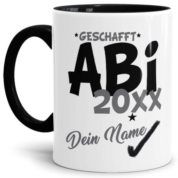 Tasse aus hochwertiger Keramik als Geschenk zum Schulabschluss für alle Abiturienten - ABI geschafft - personalisierbar mit der Jahreszahl und dem...