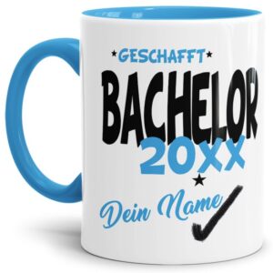 Tasse aus hochwertiger Keramik als Geschenk zum Studienabschluss - Bachelor geschafft - personalisierbar mit der Jahreszahl und dem Namen des...