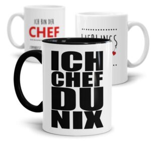 Lustige Tassen für Chefs und Chefinnen mit verschiedenen Sprüchen als kleine Geschenkidee zu verschiedenen Anlässen.