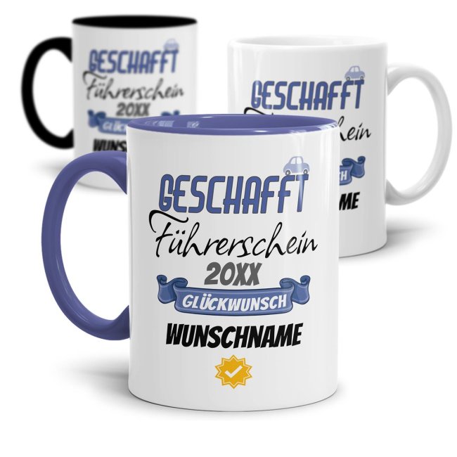 Liebevoll gestaltete Kaffeebecher mit Spruch - Führerschein geschafft - als Geschenk zur bestandenen Fahrschulprüfung für beste Freunde und...