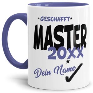 Tasse aus hochwertiger Keramik als Geschenk zum Studienabschluss - Master geschafft - personalisierbar mit der Jahreszahl und dem Namen des...