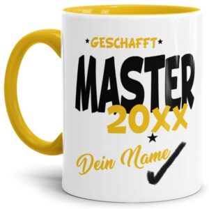 Tasse aus hochwertiger Keramik als Geschenk zum Studienabschluss - Master geschafft - personalisierbar mit der Jahreszahl und dem Namen des...