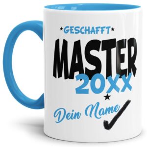 Tasse aus hochwertiger Keramik als Geschenk zum Studienabschluss - Master geschafft - personalisierbar mit der Jahreszahl und dem Namen des...