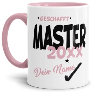 Tasse aus hochwertiger Keramik als Geschenk zum Studienabschluss - Master geschafft - personalisierbar mit der Jahreszahl und dem Namen des...