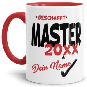 Tasse aus hochwertiger Keramik als Geschenk zum Studienabschluss - Master geschafft - personalisierbar mit der Jahreszahl und dem Namen des...