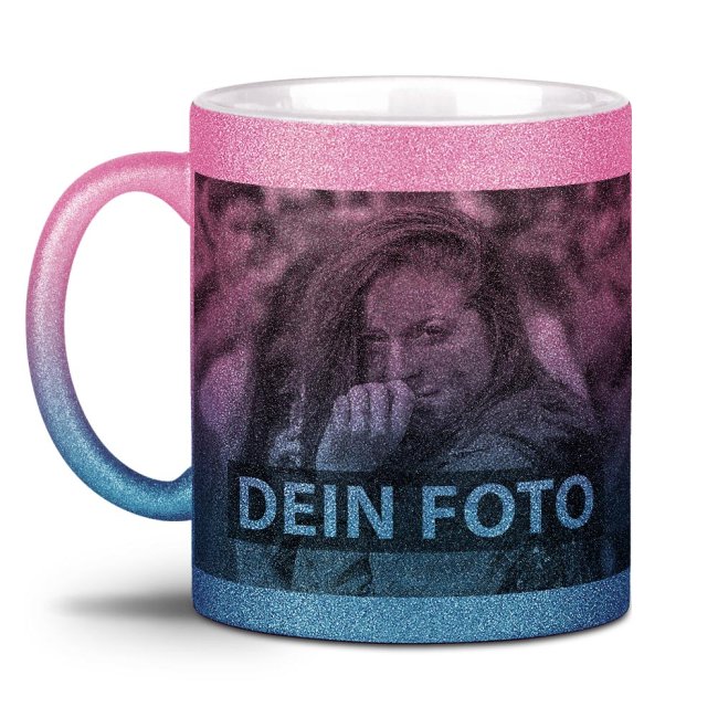 Ein bisschen Glitzer zum Frühstück? Dann ist unsere hochwertige Glitzer Keramiktasse mit Verlauf Rosa-Blau genau die richtige Wahl. Hier kannst du...