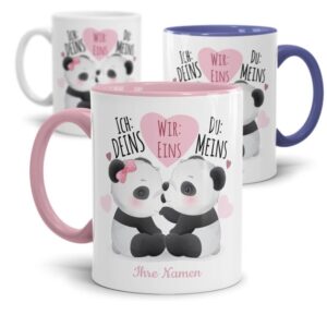 Süße Panda-Tasse mit besonderem Spruch - Ich Deins-Wir Eins-Du Meins - personalisierbar mit Deinen Wunschname als Paartassen zum selbst Gestalten....