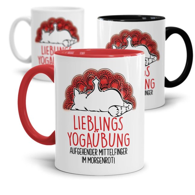 Witzig bedruckte Kaffeebecher für Büro und Arbeit mit Katze und lustigem Spruch - Lieblings-Yogaübung - als kleine Aufmunterung für die erste...