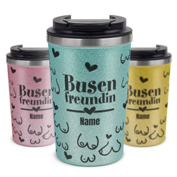 Lustig bedruckter Thermobecher mit Glitzeroberfläche als witziges Geschenk für die beste Freundin mit Humor. Personalisierbarer Mehrwegbecher aus...