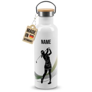 Trendige Edelstahl Sportflasche zum Personalisieren und Verschenken - Tolle Geschenkidee für Golferin - mit Wunschname bedruckt