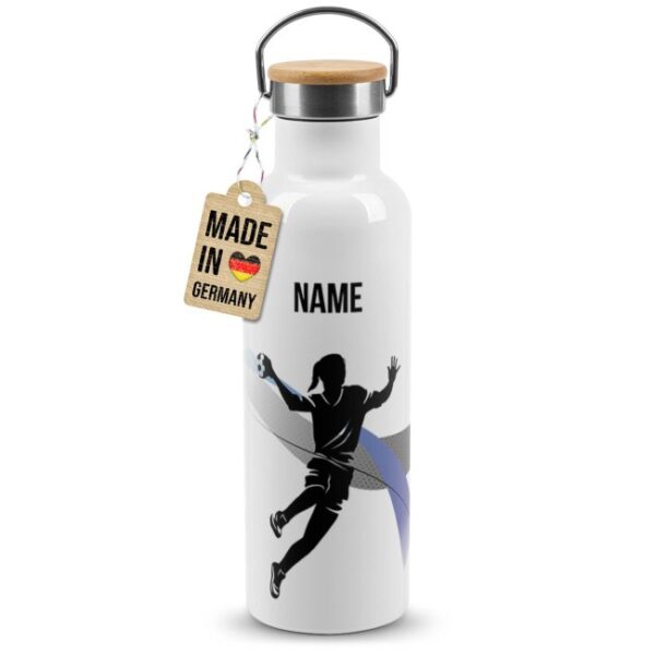 Trendige Edelstahl Sportflasche zum Personalisieren und Verschenken - Tolle Geschenkidee für Handballerin - mit Wunschname bedruckt