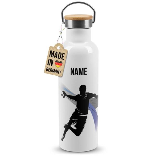 Trendige Edelstahl Sportflasche zum Personalisieren und Verschenken - Tolle Geschenkidee für Handballspieler - mit Wunschname bedruckt