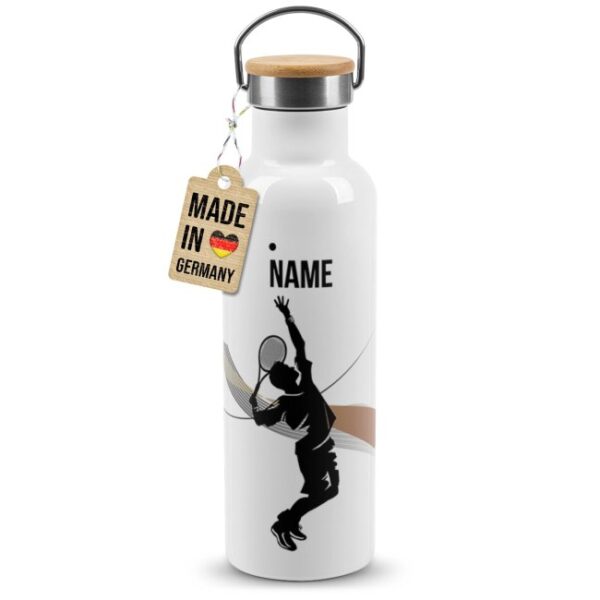 Trendige Edelstahl Sportflasche zum Personalisieren und Verschenken - Tolle Geschenkidee für Tennisspieler - mit Wunschname bedruckt