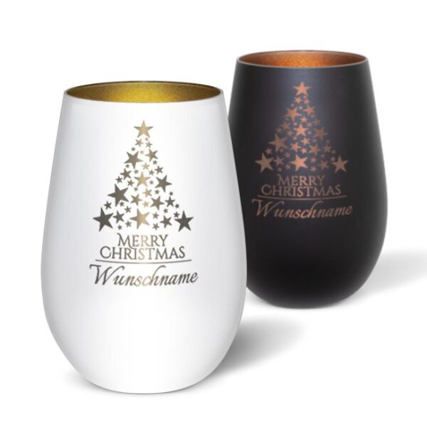 Edles Windlicht mit Namensgravur und Tannenbaum-Motiv als hübsche Weihnachtsdeko in der Adventszeit oder personalisiertes Namensgeschenk zu...