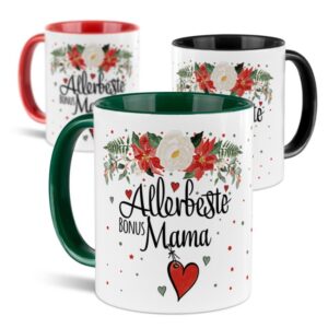 Liebevoll gestaltete Weihnachtstasse für Deine Bonusmama als hübsche Geschenkidee für die Adventszeit. Perfekt für Kaffee