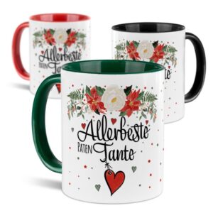 Liebevoll gestaltete Weihnachtstasse für Deine Patentante als hübsche Geschenkidee für die Adventszeit. Perfekt für Kaffee