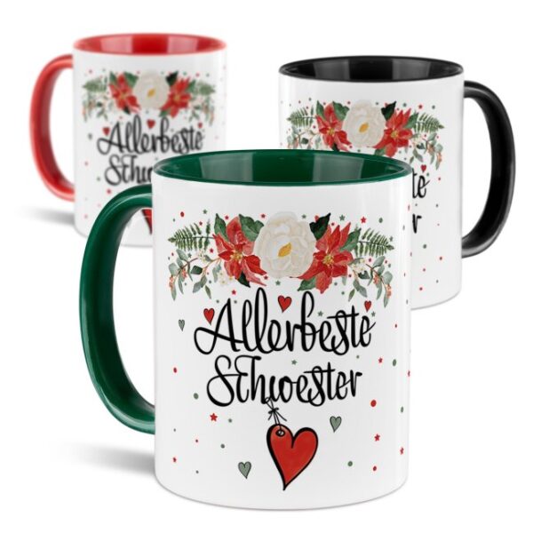 Liebevoll gestaltete Weihnachtstasse für Deine Schwester als hübsche Geschenkidee für die Adventszeit. Perfekt für Kaffee